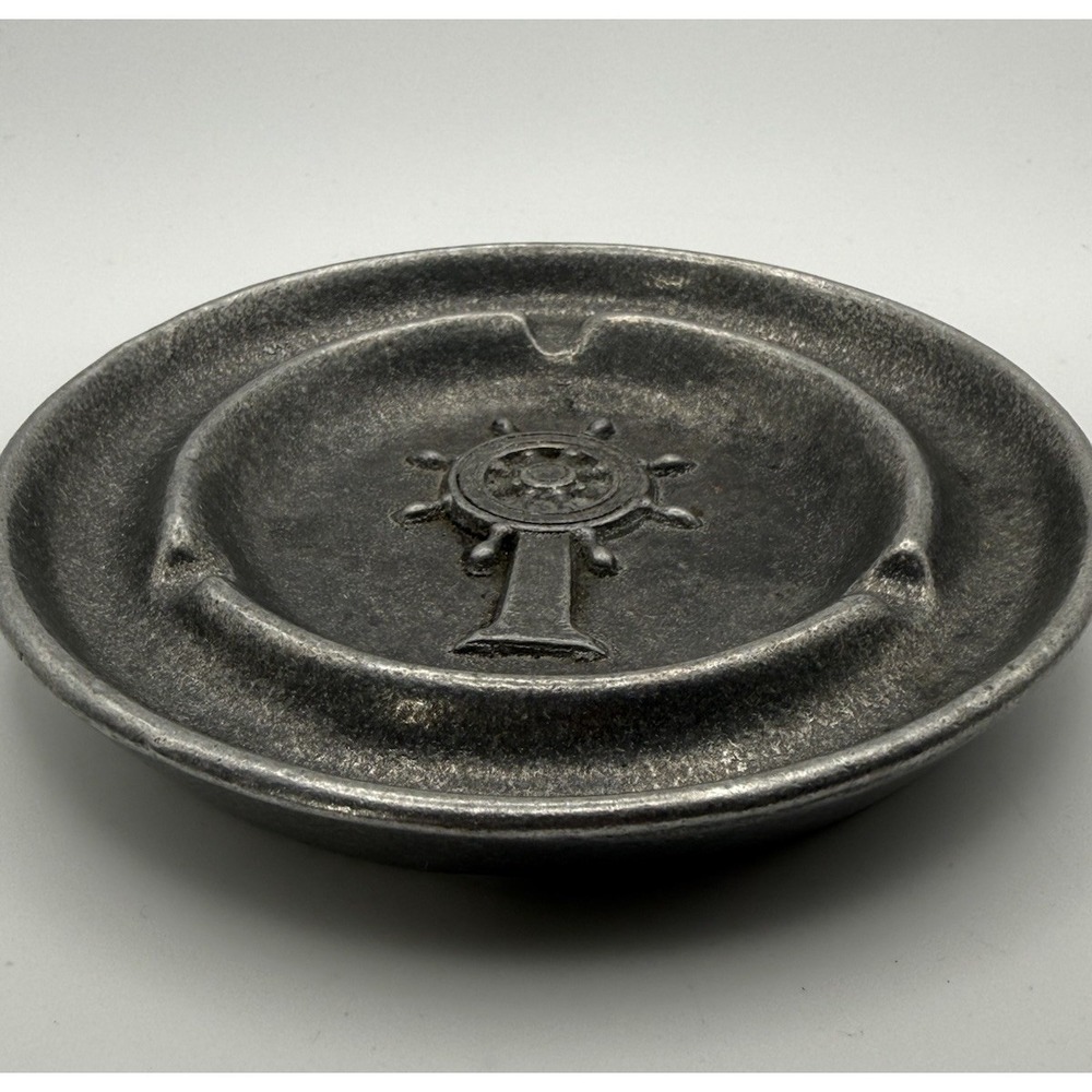Vtg MCM Nautical Ship Wheel Ashtray Pewter-Look Cast Aluminum Cigarette Tray GUC